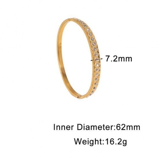 Picture of Wholesale Clear Rhinestone 304 Stainless Steel Open Cuff Bangles Bracelets, 18K Gold Plated Eco-friendly PVD, Women's Exquisite Stylish Gift Jewelry Supply, 6.2cm Dia., 1 Piece