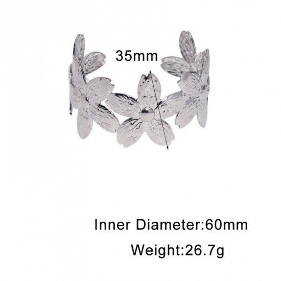 Picture of Wholesale Flower 304 Stainless Steel Open Cuff Bangles Bracelets, Silver Tone Eco-friendly, Women's Pastoral Style Stylish Gift Jewelry Supply, 6cm Dia., 1 Piece