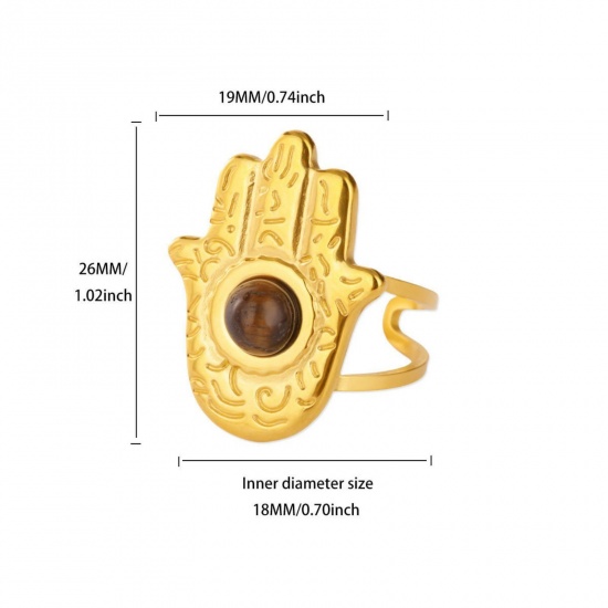 Изображение Wholesale Women's Gift Hamsa Symbol Hand Open Adjustable Rings, 18K Gold Plated 304 Stainless Steel, PVD Elegant Stylish Jewelry Supply, 18mm(US Size 7.75), 1 Piece