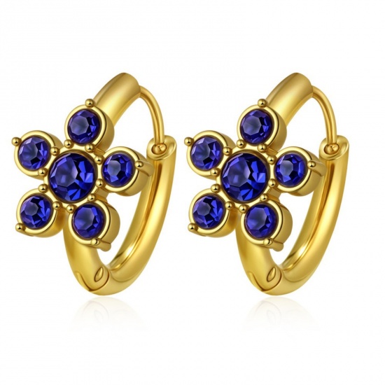 Picture of Wholesale Stylish Dainty Huggie Hoop Earrings, Round Flower Blue Rhinestone 18K Gold Plated 304 Stainless Steel, Women's Eco-friendly PVD Gift Jewelry Supply, 15.7mm x 16.8mm, 1 Pair