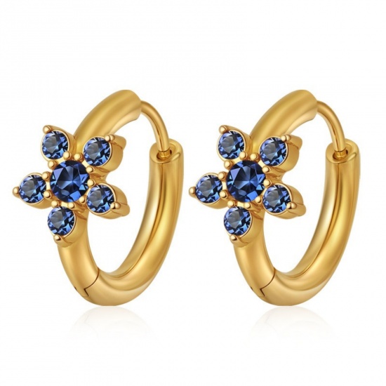 Picture of Wholesale Stylish Dainty Huggie Hoop Earrings, Round Flower Blue Rhinestone 18K Gold Plated 304 Stainless Steel, Women's Eco-friendly PVD Gift Jewelry Supply, 15.7mm x 16.8mm, 1 Pair