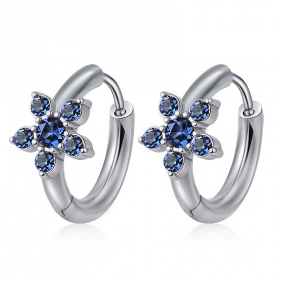 Picture of Wholesale Stylish Dainty Huggie Hoop Earrings, Round Flower Blue Rhinestone Silver Tone 304 Stainless Steel, Women's Gift Jewelry Supply, 15.7mm x 16.8mm, 1 Pair