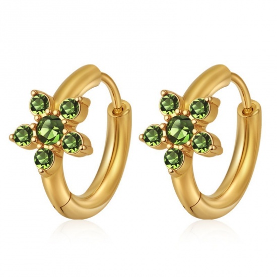 Picture of Wholesale Stylish Dainty Huggie Hoop Earrings, Round Flower Green Rhinestone 18K Gold Plated 304 Stainless Steel, Women's Eco-friendly PVD Gift Jewelry Supply, 15.7mm x 16.8mm, 1 Pair