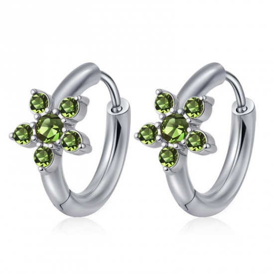 Picture of Wholesale Stylish Dainty Huggie Hoop Earrings, Round Flower Green Rhinestone Silver Tone 304 Stainless Steel, Women's Gift Jewelry Supply, 15.7mm x 16.8mm, 1 Pair