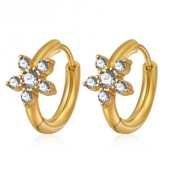Picture of Wholesale Stylish Dainty Huggie Hoop Earrings, Round Flower Clear Rhinestone 18K Gold Plated 304 Stainless Steel, Women's Eco-friendly PVD Gift Jewelry Supply, 15.7mm x 16.8mm, 1 Pair