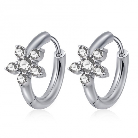 Picture of Wholesale Stylish Dainty Huggie Hoop Earrings, Round Flower Clear Rhinestone Silver Tone 304 Stainless Steel, Women's Gift Jewelry Supply, 15.7mm x 16.8mm, 1 Pair