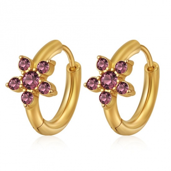 Picture of Wholesale Stylish Dainty Huggie Hoop Earrings, Round Flower Pale Lilac Rhinestone 18K Gold Plated 304 Stainless Steel, Women's Eco-friendly PVD Gift Jewelry Supply, 15.7mm x 16.8mm, 1 Pair