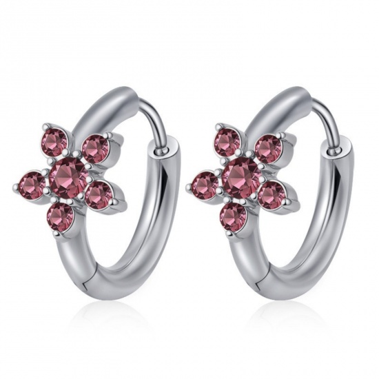 Picture of Wholesale Stylish Dainty Huggie Hoop Earrings, Round Flower Pale Lilac Rhinestone Silver Tone 304 Stainless Steel, Women's Gift Jewelry Supply, 15.7mm x 16.8mm, 1 Pair