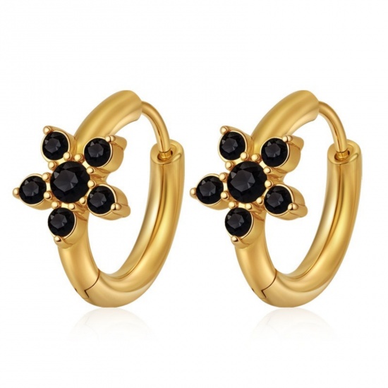 Picture of Wholesale Stylish Dainty Huggie Hoop Earrings, Round Flower Black Rhinestone 18K Gold Plated 304 Stainless Steel, Women's Eco-friendly PVD Gift Jewelry Supply, 15.7mm x 16.8mm, 1 Pair