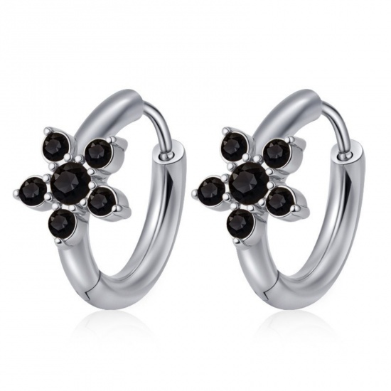 Picture of Wholesale Stylish Dainty Huggie Hoop Earrings, Round Flower Black Rhinestone Silver Tone 304 Stainless Steel, Women's Gift Jewelry Supply, 15.7mm x 16.8mm, 1 Pair