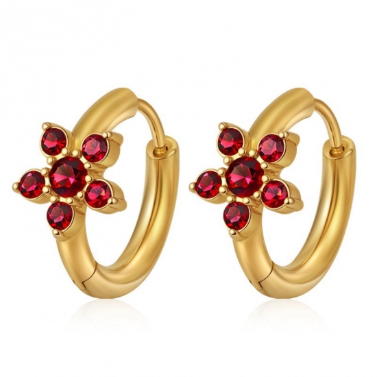 Picture of Wholesale Stylish Dainty Huggie Hoop Earrings, Round Flower Red Rhinestone 18K Gold Plated 304 Stainless Steel, Women's Eco-friendly PVD Gift Jewelry Supply, 15.7mm x 16.8mm, 1 Pair