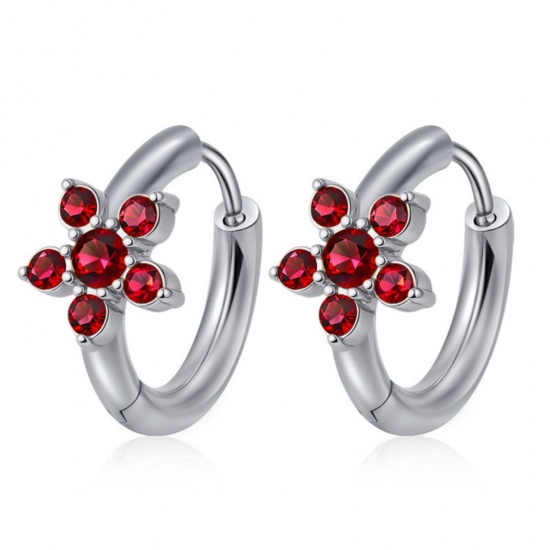 Picture of Wholesale Stylish Dainty Huggie Hoop Earrings, Round Flower Red Rhinestone Silver Tone 304 Stainless Steel, Women's Gift Jewelry Supply, 15.7mm x 16.8mm, 1 Pair