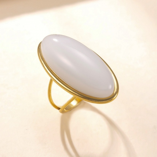 Picture of Wholesale Women's Gift Oval White Unadjustable Rings, 18K Gold Plated 304 Stainless Steel & Gemstone, Vacuum Plating Retro Dainty Jewelry Supply, 17.3mm(US Size 7), 1 Piece