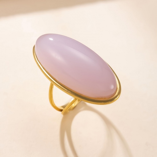 Picture of Wholesale Women's Gift Oval Pink Unadjustable Rings, 18K Gold Plated 304 Stainless Steel & Gemstone, Vacuum Plating Retro Dainty Jewelry Supply, 17.3mm(US Size 7), 1 Piece
