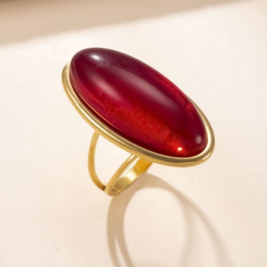 Picture of Wholesale Women's Gift Oval Red Unadjustable Rings, 18K Gold Plated 304 Stainless Steel & Gemstone, Vacuum Plating Retro Dainty Jewelry Supply, 17.3mm(US Size 7), 1 Piece