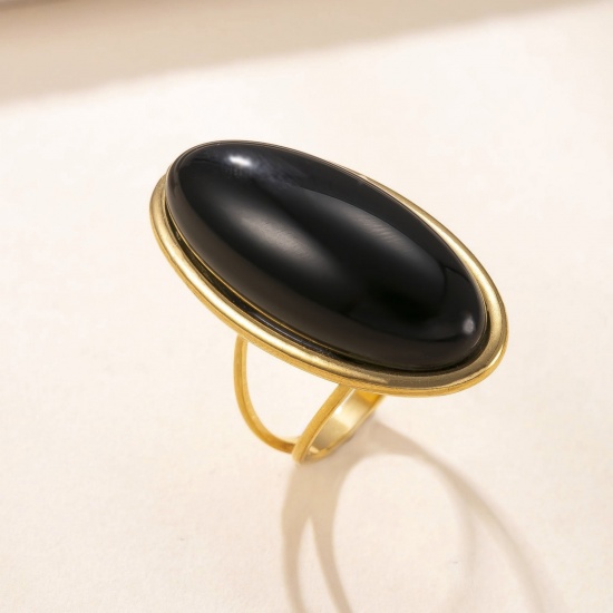 Picture of Wholesale Women's Gift Oval Black Unadjustable Rings, 18K Gold Plated 304 Stainless Steel & Gemstone, Vacuum Plating Retro Dainty Jewelry Supply, 17.3mm(US Size 7), 1 Piece