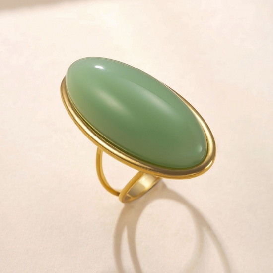 Picture of Wholesale Women's Gift Oval Green Unadjustable Rings, 18K Gold Plated 304 Stainless Steel & Gemstone, Vacuum Plating Retro Dainty Jewelry Supply, 17.3mm(US Size 7), 1 Piece