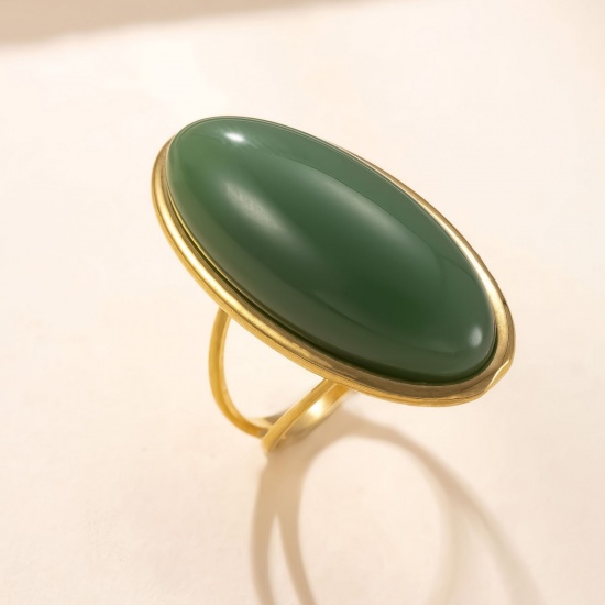Picture of Wholesale Women's Gift Oval Dark Green Unadjustable Rings, 18K Gold Plated 304 Stainless Steel & Gemstone, Vacuum Plating Retro Dainty Jewelry Supply, 17.3mm(US Size 7), 1 Piece