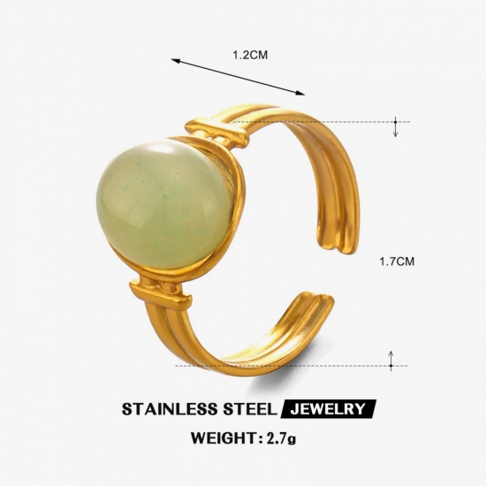 Picture of Wholesale Women's Gift Oval Green Open Adjustable Rings, 18K Gold Plated 304 Stainless Steel & Gemstone, Eco-friendly PVD Retro Dainty Jewelry Supply, 17mm(US Size 6.5), 1 Piece