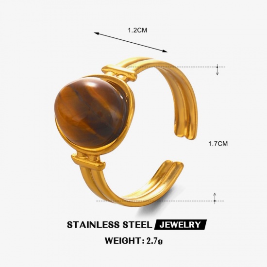 Picture of Wholesale Women's Gift Oval Brown Open Adjustable Rings, 18K Gold Plated 304 Stainless Steel & Gemstone, Eco-friendly PVD Retro Dainty Jewelry Supply, 17mm(US Size 6.5), 1 Piece