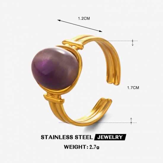 Picture of Wholesale Women's Gift Oval Purple Open Adjustable Rings, 18K Gold Plated 304 Stainless Steel & Gemstone, Eco-friendly PVD Retro Dainty Jewelry Supply, 17mm(US Size 6.5), 1 Piece