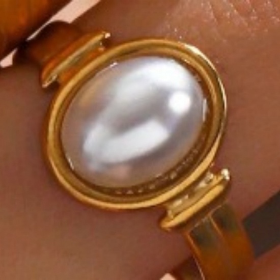 Picture of Wholesale Women's Gift Oval White Imitation Pearl Open Adjustable Rings, 18K Gold Plated 304 Stainless Steel & Acrylic, Eco-friendly PVD Retro Dainty Jewelry Supply, 17mm(US Size 6.5), 1 Piece