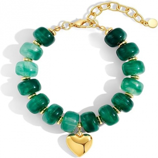 Imagen de Corazón Verde Acero Inoxidable & Resina Cadenas de Curb Pulseras de Cuentas Al Por Mayor, Hipoalergénico, Mujeres Bohemia Estilo Étnico Regalo Suministro de Joyería, 17cm + 5cm longitud, 1 Unidad