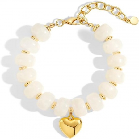 Picture of Wholesale Heart White Stainless Steel & Resin Curb Link Chain Beaded Bubble Bracelets, Hypoallergenic, Women's Boho Chic Bohemia Ethnic Style Gift Jewelry Supply, 17cm(6.7") + 5cm(2") long, 1 Piece