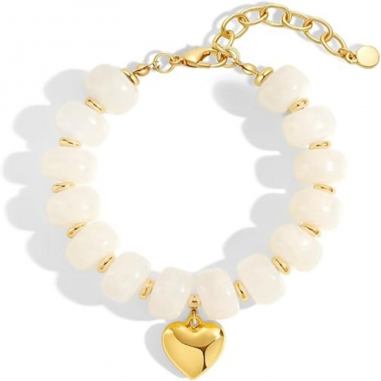 Imagen de Corazón Blanco Acero Inoxidable & Resina Cadenas de Curb Pulseras de Cuentas Al Por Mayor, Hipoalergénico, Mujeres Bohemia Estilo Étnico Regalo Suministro de Joyería, 17cm + 5cm longitud, 1 Unidad