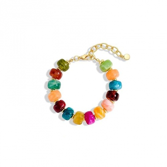 Picture of Wholesale Abacus Multicolor Curb Link Chain Beaded Bubble Bracelets, Gold Plated Stainless Steel & Resin, Women's Hypoallergenic Boho Chic Bohemia Ethnic Style Gift Jewelry For Retailer, 17cm(6.7") + 5cm(2") long, 1 Piece