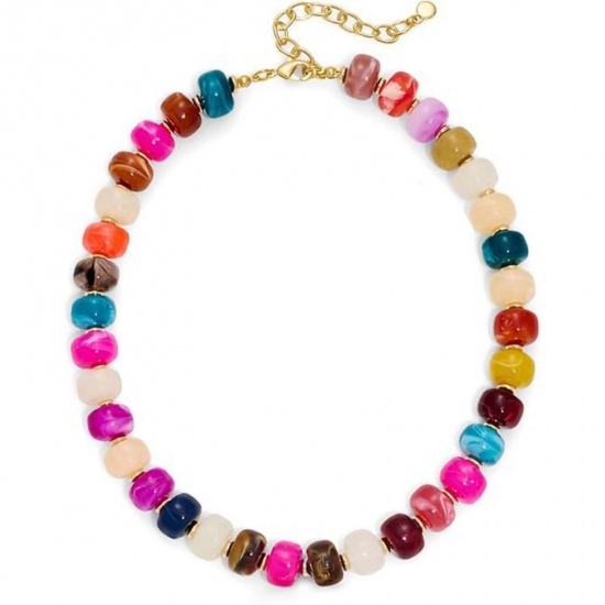 Picture of Wholesale Abacus Multicolor Curb Link Chain Beaded Necklace, Gold Plated Stainless Steel & Resin, Women's Hypoallergenic Boho Chic Bohemia Ethnic Style Gift Jewelry For Retailer, 40cm(15.7") + 5cm(2") long, 1 Piece