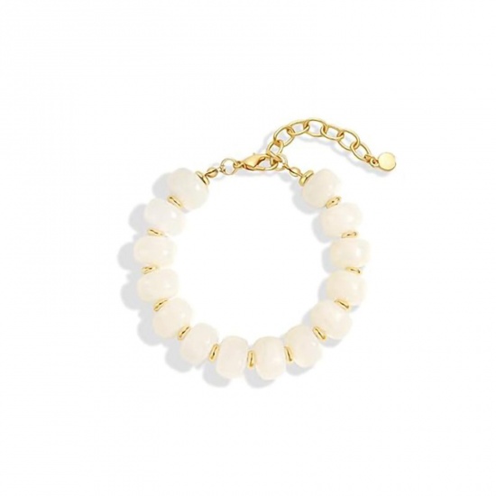 Picture of Wholesale Abacus White Curb Link Chain Beaded Bubble Bracelets, Gold Plated Stainless Steel & Resin, Women's Hypoallergenic Boho Chic Bohemia Ethnic Style Gift Jewelry For Retailer, 17cm(6.7") + 5cm(2") long, 1 Piece