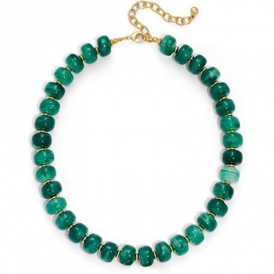 Picture of Wholesale Abacus Green Curb Link Chain Beaded Necklace, Gold Plated Stainless Steel & Resin, Women's Hypoallergenic Boho Chic Bohemia Ethnic Style Gift Jewelry For Retailer, 40cm(15.7") + 5cm(2") long, 1 Piece