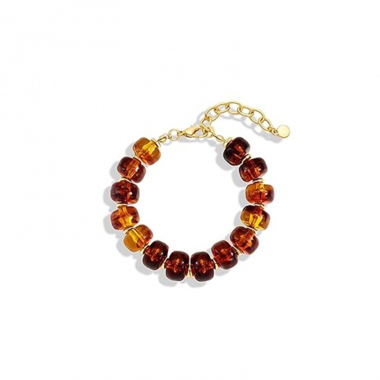 Picture of Wholesale Abacus Amber Curb Link Chain Beaded Bubble Bracelets, Gold Plated Stainless Steel & Resin, Women's Hypoallergenic Boho Chic Bohemia Ethnic Style Gift Jewelry For Retailer, 17cm(6.7") + 5cm(2") long, 1 Piece