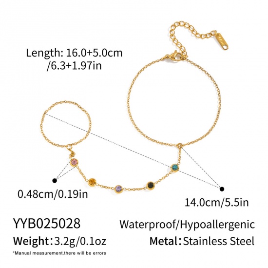 Picture of Wholesale Multicolor Rhinestone 304 Stainless Steel Handmade Link Chain Hand Chain Slave Finger Ring Bracelet, 18K Gold Plated PVD, Women's Stylish Dainty Gift Jewelry Supply, 16cm(6.3") + 5cm(2") long, 1 Piece