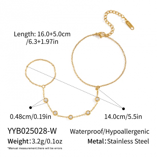 Picture of Wholesale Clear Rhinestone 304 Stainless Steel Handmade Link Chain Hand Chain Slave Finger Ring Bracelet, 18K Gold Plated PVD, Women's Stylish Dainty Gift Jewelry Supply, 16cm(6.3") + 5cm(2") long, 1 Piece