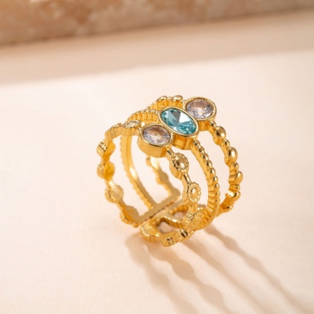 Wholesale Women's Gift Streak Blue Rhinestone Open Adjustable Layered Stacked Ring, 18K Gold Plated 304 Stainless Steel, Eco-friendly PVD Casual Stylish Jewelry Supply, 17mm(US Size 6.5), 1 Piece の画像
