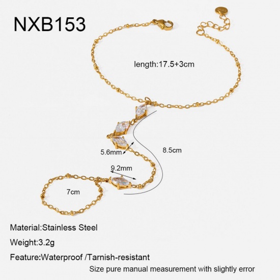 Picture of Wholesale Marquise 304 Stainless Steel & Cubic Zirconia Handmade Link Chain Hand Chain Slave Finger Ring Bracelet, 18K Real Gold Plated PVD, Women's Stylish & Casual Exquisite Gift Jewelry Supply, 17.5cm(6.9") + 3cm(1.2") long, 1 Piece