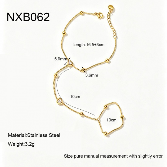 Immagine di Cuore 304 Acciaio Inossidabile & Zircone Cubico Catena a Maglia Fatta a Mano Bracciale anello di mano catena Slave All'Ingrosso, 18K Vero Oro Placcato PVD, Donne Elegante & Casual Squisito Regalo Fornitura di Gioielli, 16.5cm + 3cm Lunghezza, 1 Pz