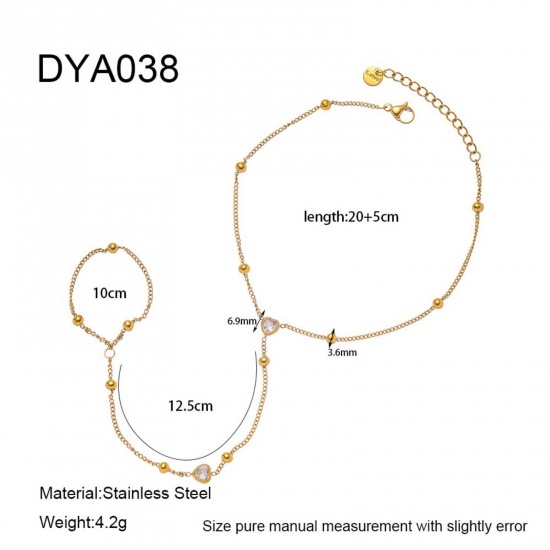 Immagine di Cuore 304 Acciaio Inossidabile & Zircone Cubico Catena a Maglia Fatta a Mano Cavigliera con Catena in Punta All'Ingrosso, 18K Vero Oro Placcato PVD, Donne Elegante & Casual Squisito Regalo Fornitura di Gioielli, 20cm + 5cm Lunghezza, 1 Pz