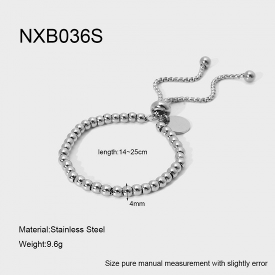 Picture of Wholesale Beaded 304 Stainless Steel Adjustable Slider/ Slide Bolo Bracelets, Silver Tone Women's Stylish & Casual Exquisite Gift Jewelry Supply, 1 Piece