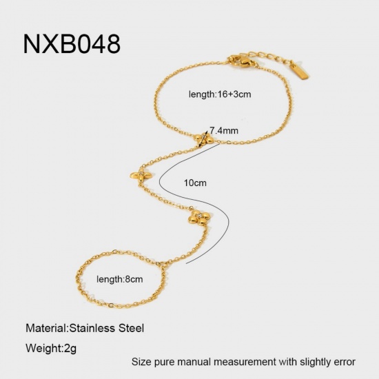 Picture of Wholesale Flower 304 Stainless Steel & Cubic Zirconia Handmade Link Chain Hand Chain Slave Finger Ring Bracelet, 18K Real Gold Plated PVD, Women's Stylish & Casual Exquisite Gift Jewelry Supply, 16cm(6.3") + 3cm(1.2") long, 1 Piece