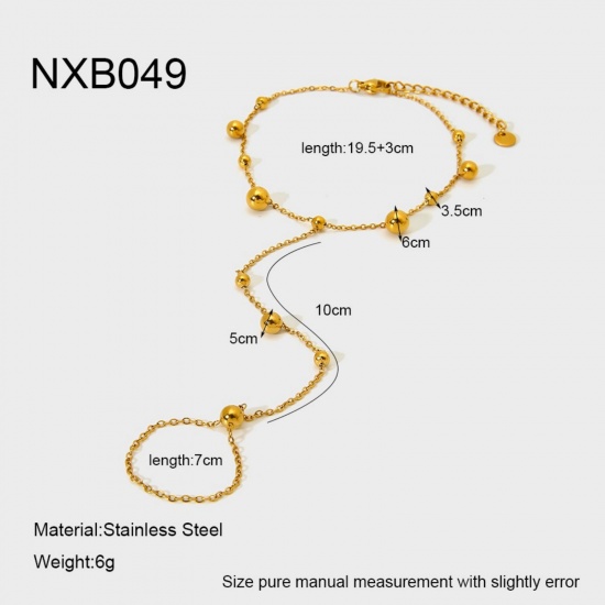 Picture of Wholesale 304 Stainless Steel Handmade Link Chain Hand Chain Slave Finger Ring Bracelet, 18K Real Gold Plated PVD, Women's Stylish & Casual Exquisite Gift Jewelry Supply, 19.5cm(7.7") + 3cm(1.2") long, 1 Piece
