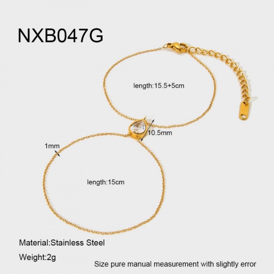 Immagine di Goccia Trasparente Strass 304 Acciaio Inossidabile Catena a Maglia Fatta a Mano Bracciale di Doppio Strato All'Ingrosso, 18K Vero Oro Placcato PVD, Donne Elegante & Casual Squisito Regalo Fornitura di Gioielli, 15.5cm + 5cm Lunghezza, 1 Pz