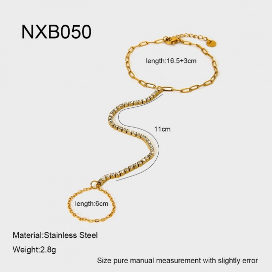 Picture of Wholesale 304 Stainless Steel & Cubic Zirconia Handmade Link Chain Hand Chain Slave Finger Ring Bracelet, 18K Real Gold Plated PVD, Women's Stylish & Casual Exquisite Gift Jewelry Supply, 16.5cm(6.5") + 3cm(1.2") long, 1 Piece
