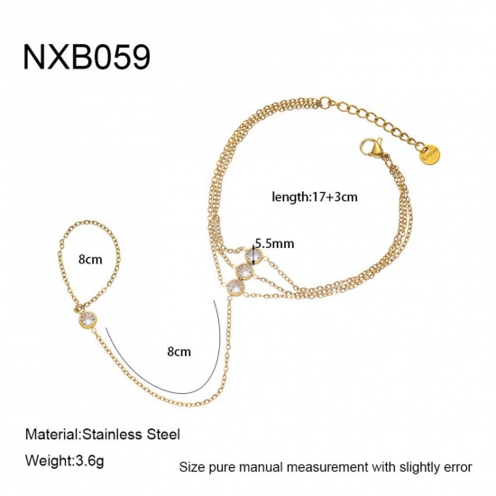 Picture of Wholesale 304 Stainless Steel Handmade Link Chain Hand Chain Slave Finger Ring Bracelet, 18K Real Gold Plated PVD, Women's Stylish & Casual Exquisite Gift Jewelry Supply, 17cm(6.7") + 3cm(1.2") long, 1 Piece