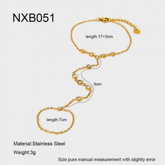 Picture of Wholesale 304 Stainless Steel & Cubic Zirconia Handmade Link Chain Hand Chain Slave Finger Ring Bracelet, 18K Real Gold Plated PVD, Women's Stylish & Casual Exquisite Gift Jewelry Supply, 17cm(6.7") + 3cm(1.2") long, 1 Piece