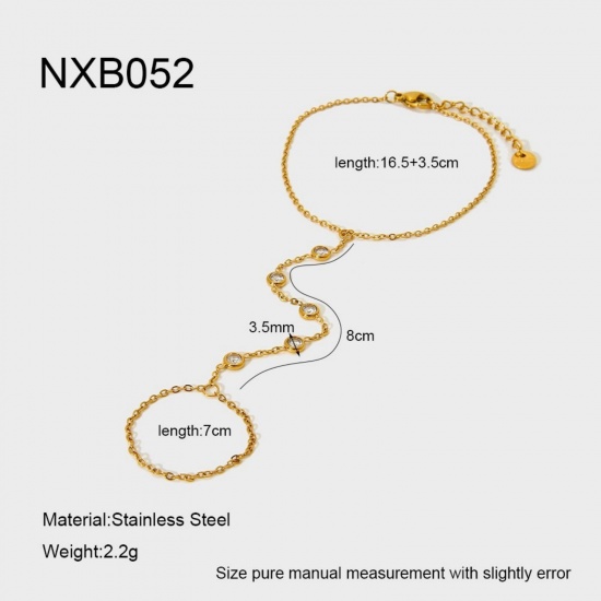 Picture of Wholesale 304 Stainless Steel & Cubic Zirconia Handmade Link Chain Hand Chain Slave Finger Ring Bracelet, 18K Real Gold Plated PVD, Women's Stylish & Casual Exquisite Gift Jewelry Supply, 16.5cm(6.5") + 3.5cm(1.4") long, 1 Piece