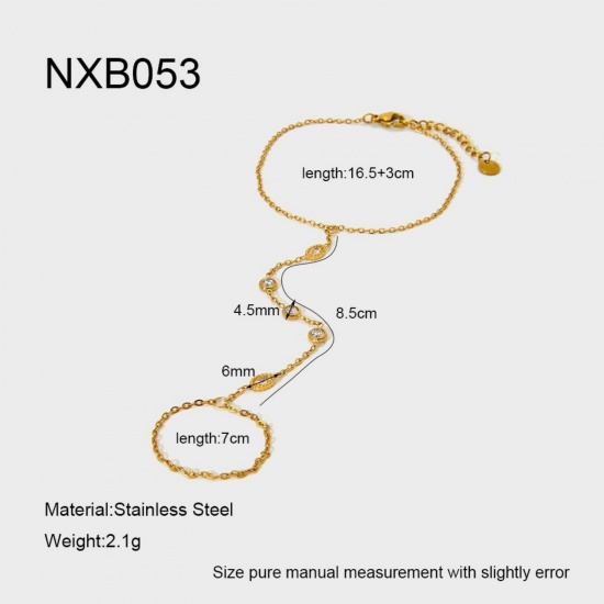 Picture of Wholesale 304 Stainless Steel & Cubic Zirconia Handmade Link Chain Hand Chain Slave Finger Ring Bracelet, 18K Real Gold Plated PVD, Women's Stylish & Casual Exquisite Gift Jewelry Supply, 16.5cm(6.5") + 3cm(1.2") long, 1 Piece
