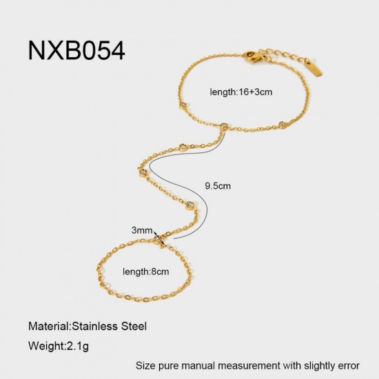 Picture of Wholesale 304 Stainless Steel & Cubic Zirconia Handmade Link Chain Hand Chain Slave Finger Ring Bracelet, 18K Real Gold Plated PVD, Women's Stylish & Casual Exquisite Gift Jewelry Supply, 16cm(6.3") + 3cm(1.2") long, 1 Piece